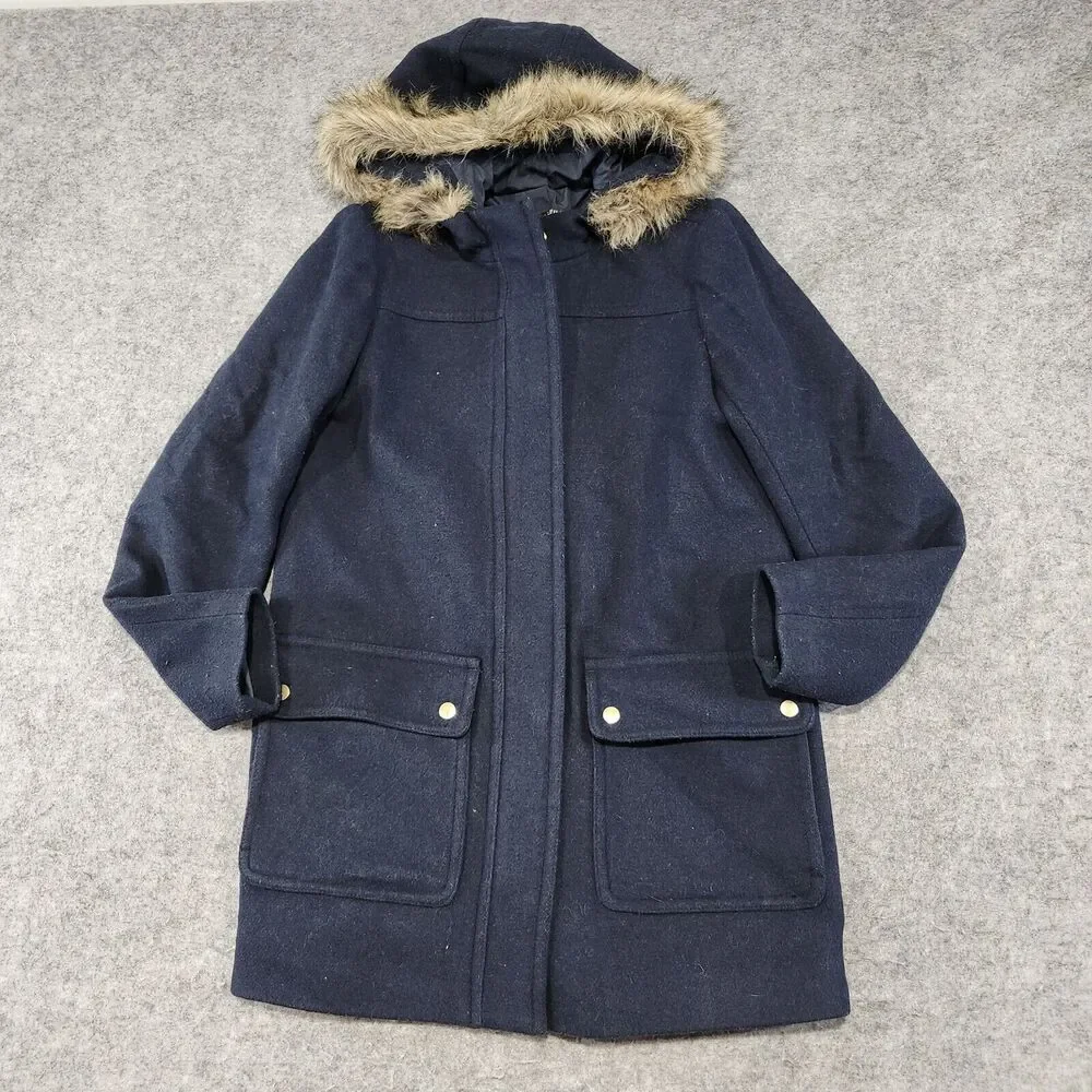 J Crew Womens 4 Vail Parka Wool‎ Blend Faux Fur Hooded Jacket Coat Navy Heavy